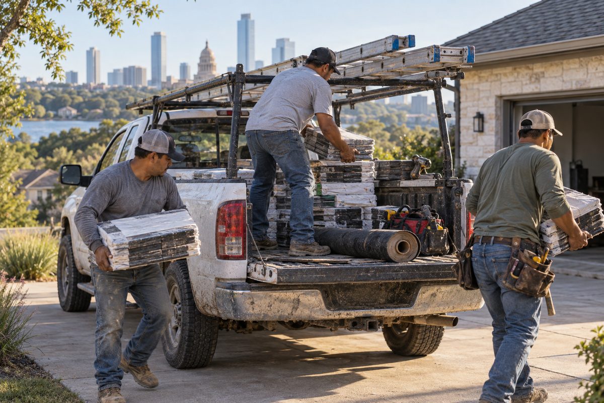 HD Roofing and Repairs crew unloading shingle bundles from the work truck at a job in Austin