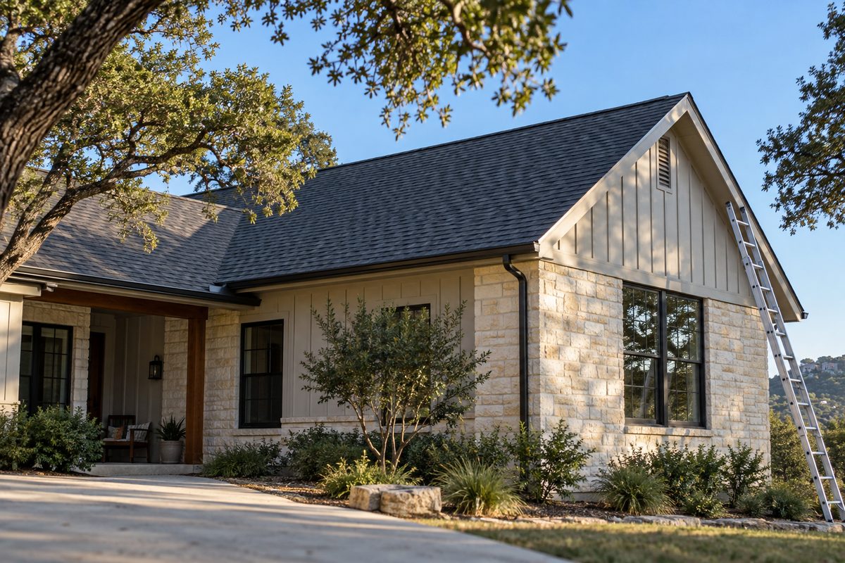 Newly replaced charcoal architectural shingle roof on a limestone house in Austin