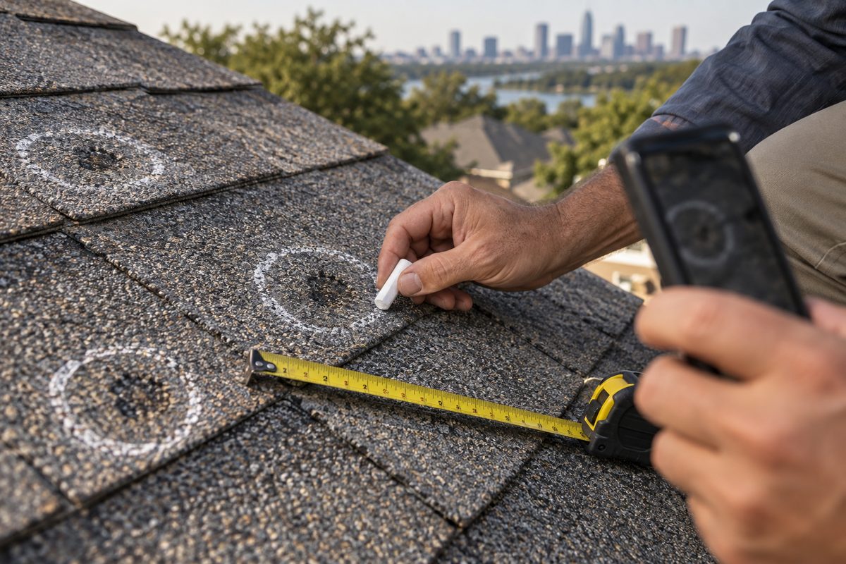 Hail hits circled in chalk on asphalt shingles during a roof inspection