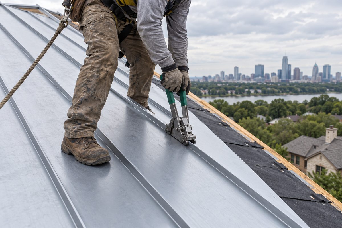 Crew member seaming a galvalume standing seam metal roof panel