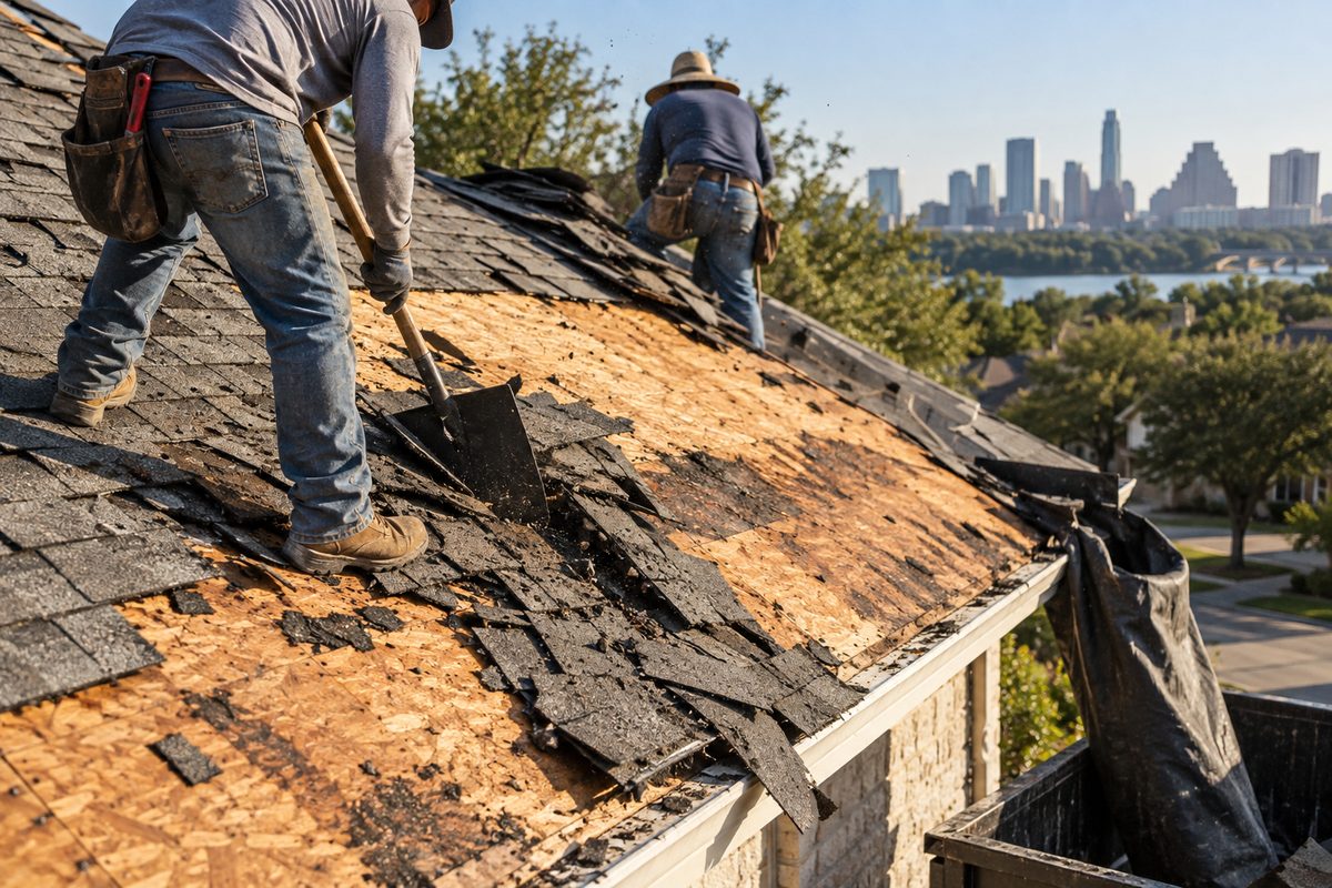 Roofers stripping old asphalt shingles down to the OSB decking on an Austin house